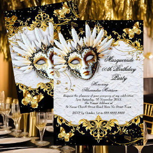 Invitation Fête d'anniversaire Mascarade Masque Or Noir Blanc