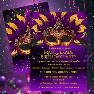 Invitation Fête d'anniversaire Mascarade Masques Or Pourpre