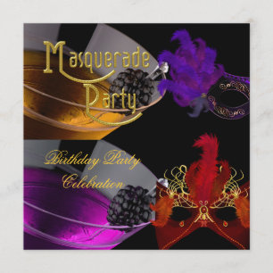 Invitation Fête d'anniversaire Mascarade Masques Violet Rouge