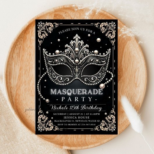 Invitation Fête d'anniversaire Mascarade Noir Blanc