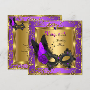 Invitation Fête d'anniversaire Mascarade Or Violet Noir