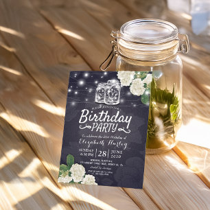 Invitation Fête d'anniversaire Mason Jars Hydrangea lumières 