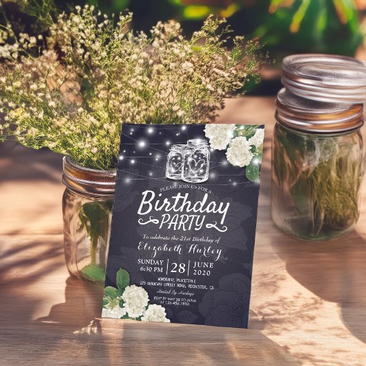 Invitation Fête d'anniversaire Mason Jars Hydrangea lumières
