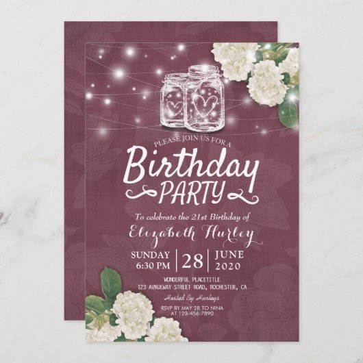 Invitation Fête d'anniversaire Mason Jars Hydrangea lumières  (Devant / Derrière)
