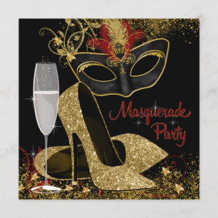 Invitation Fête d'anniversaire masquée Rouge Noir et Or