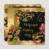 Invitation Fête d'anniversaire Masquerade Masqué Lime Rose or (Devant / Derrière)