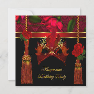 Invitation Fête d'anniversaire Masquerade Noir Rose Rouge Or