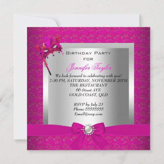 Invitation Fête d'anniversaire Masquerade rose chaud (Dos)