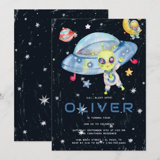 Invitation Fête d'anniversaire mignonne d'aliens de l'espace  (Devant / Derrière)