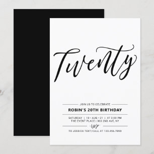 Invitation Fête d'anniversaire minimal Black & White Twenty 2