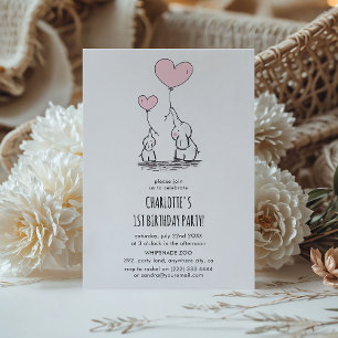 Invitation Fête d'anniversaire minimale éléphant rose mignon