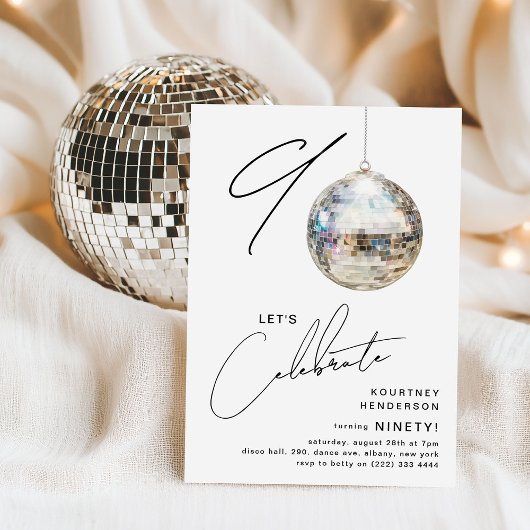 Invitation Fête d'anniversaire minimaliste Disco Ball 90 ans
