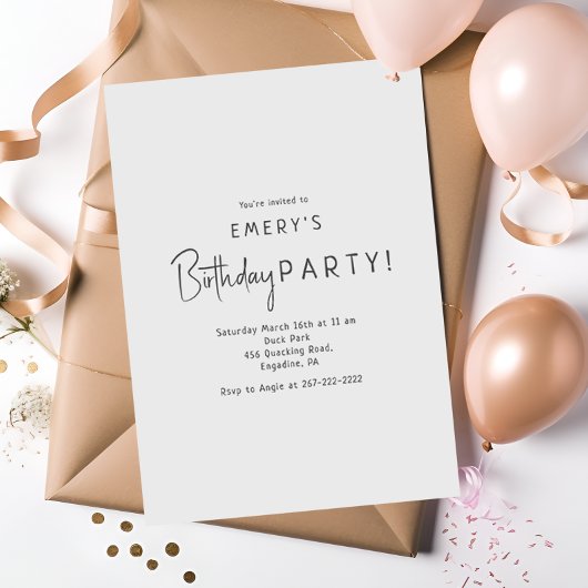 Invitation Fête d'anniversaire minimaliste et neutre pour les