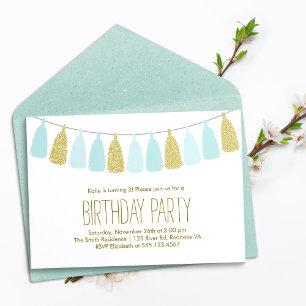 Invitation Fête d'anniversaire Mint et Gold Tassel Garland