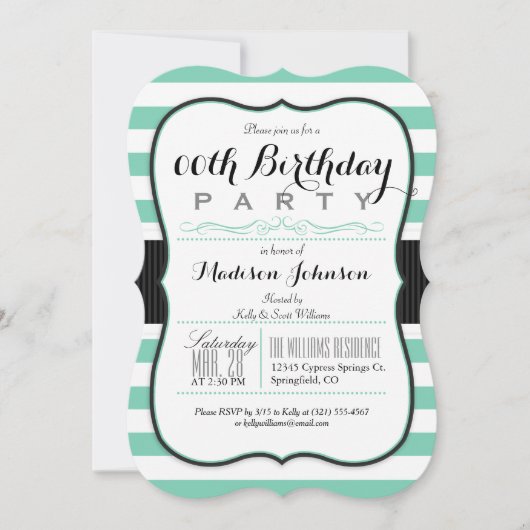 Invitation Fête d'anniversaire Mint Green & White Stripes (Devant)