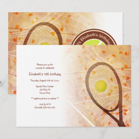 Invitation fête d'anniversaire minuscule coeur tennis (Devant / Derrière)
