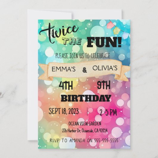 Invitation Fête d'anniversaire mixte frère jumelle fille garç (Devant)
