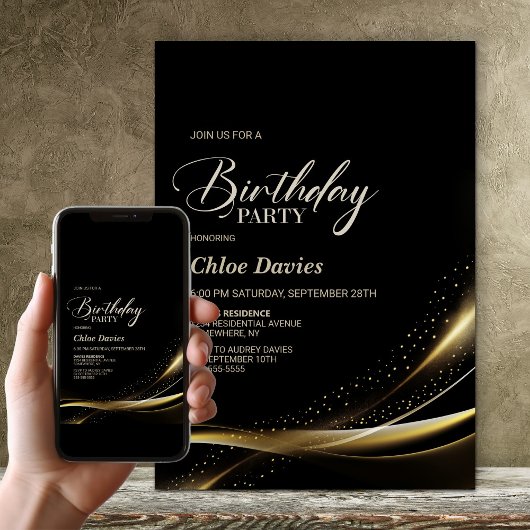 Invitation Fête d'anniversaire moderne Black and Gold