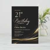 Invitation Fête d'anniversaire moderne Black and Gold 21e (Debout devant)