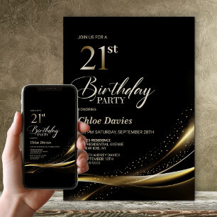Invitation Fête d'anniversaire moderne Black and Gold 21e