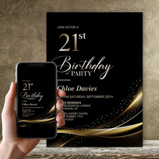 Invitation Fête d'anniversaire moderne Black and Gold 21e