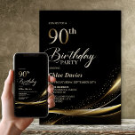 Invitation Fête d'anniversaire moderne Black and Gold 90th<br><div class="desc">Invitation vos amis et proches à votre 90ème anniversaire avec cette invitation moderne en noir et or. La zone de texte personnalisable de ce modèle d'invitation vous permet d'inclure sans effort tous les détails nécessaires à votre fête d'anniversaire, y compris la date, l'heure, le lieu et les informations RSVP. Une...</div>