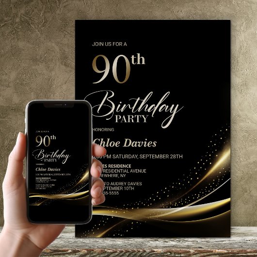 Invitation Fête d'anniversaire moderne Black and Gold 90th