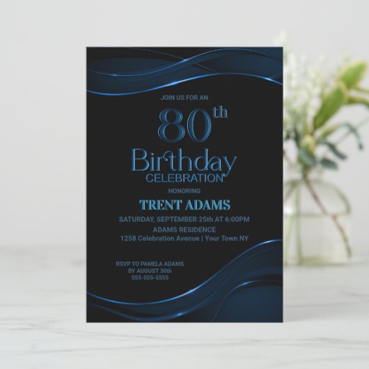 Invitation Fête d'anniversaire moderne Black Blue 80th (Debout devant)