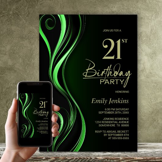 Invitation Fête d'anniversaire moderne Black Green 21e