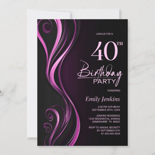 Invitation Fête d'anniversaire moderne Black Pink 40th (Devant)