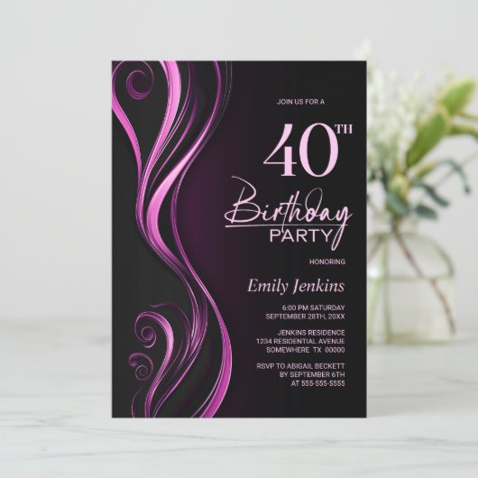 Invitation Fête d'anniversaire moderne Black Pink 40th (Debout devant)