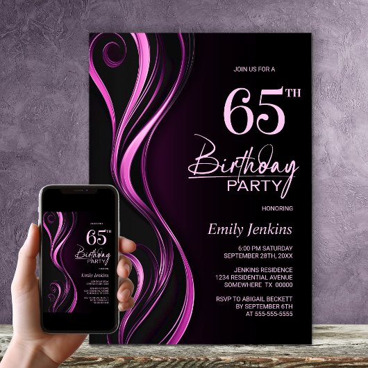 Invitation Fête d'anniversaire moderne Black Pink 65e