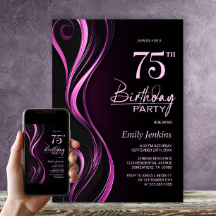 Invitation Fête d'anniversaire moderne Black Pink 75e