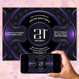 Invitation Fête d'anniversaire moderne Black Purple 21e