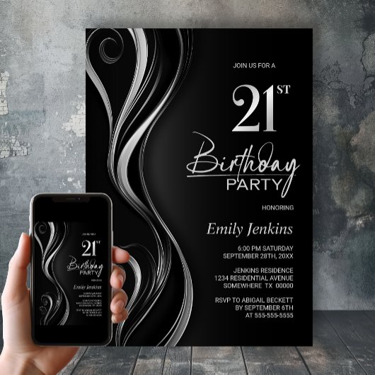 Invitation Fête d'anniversaire moderne Black Silver 21e
