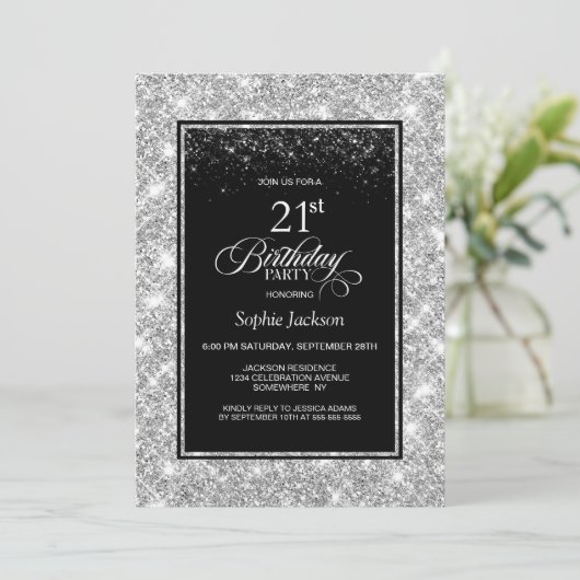 Invitation Fête d'anniversaire moderne Black Silver 21e (Debout devant)