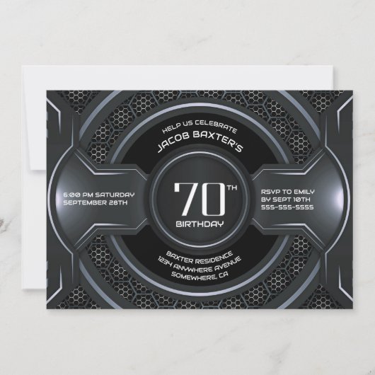 Invitation Fête d'anniversaire moderne Black Silver 70e (Devant)