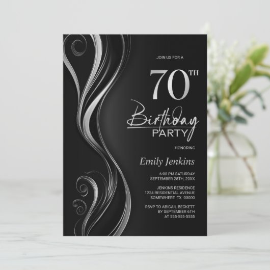 Invitation Fête d'anniversaire moderne Black Silver 70e (Debout devant)