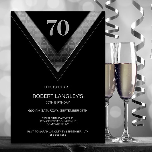 Invitation Fête d'anniversaire moderne Black Silver 70e