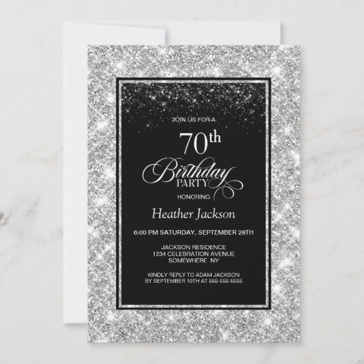 Invitation Fête d'anniversaire moderne Black Silver 70e (Devant)