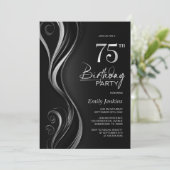 Invitation Fête d'anniversaire moderne Black Silver 75e (Debout devant)