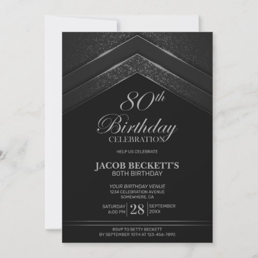 Invitation Fête d'anniversaire moderne Black Silver 80e (Devant)