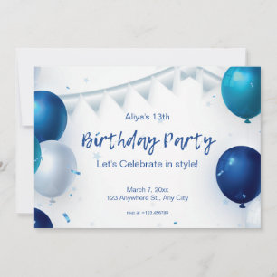 Invitation Fête d'anniversaire moderne blanche et bleue