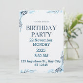 Invitation Fête d'anniversaire moderne blanche et bleue (Debout devant)
