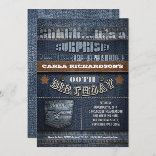 Invitation fête d'anniversaire moderne denim surprise (Devant / Derrière)