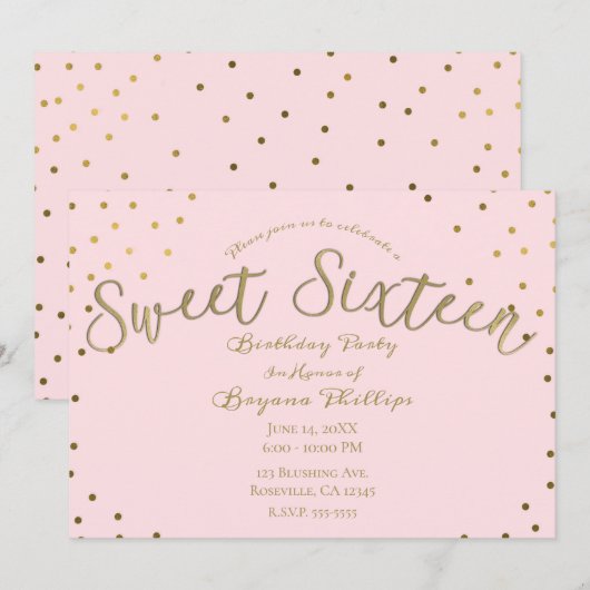 Invitation Fête d'anniversaire moderne douce 16 Gold & Pink B (Devant / Derrière)