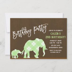 Invitation Fête d'anniversaire moderne éléphants verts marron