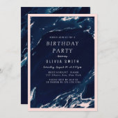 Invitation Fête d'anniversaire moderne en marbre bleu et bleu (Devant / Derrière)