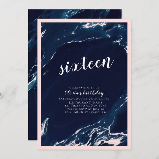 Invitation Fête d'anniversaire moderne en marbre bleu et bleu (Devant / Derrière)