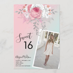 Invitation Fête d'anniversaire moderne floral ombre sweet six